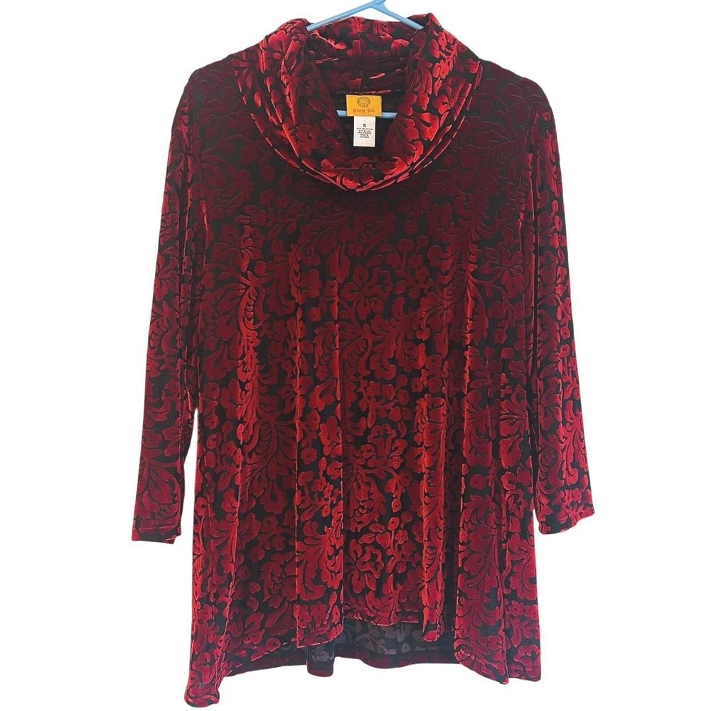 Ruby Rd. Velvet Burnout Blouse Sz S Oversized Red Black Floral Gothic Romantic